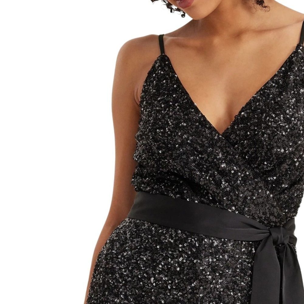 Express Womens Sequin V Neck Tie Waist Wide Leg Jumpsuit Size XS Black - Picture 5 of 16